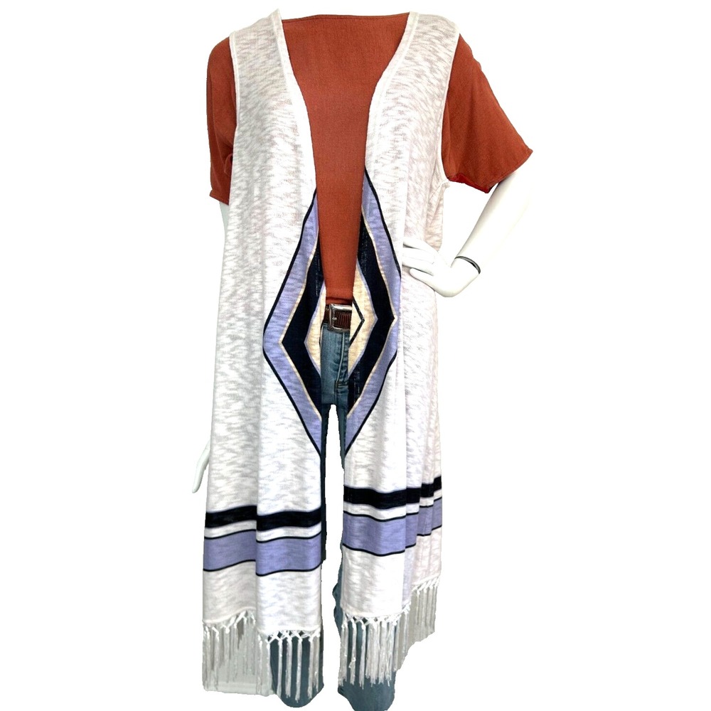NEW Vicki Wayne Boho SW Vest Open Front Fringe Duster Diamond Sleeveless White M - Picture 3 of 10